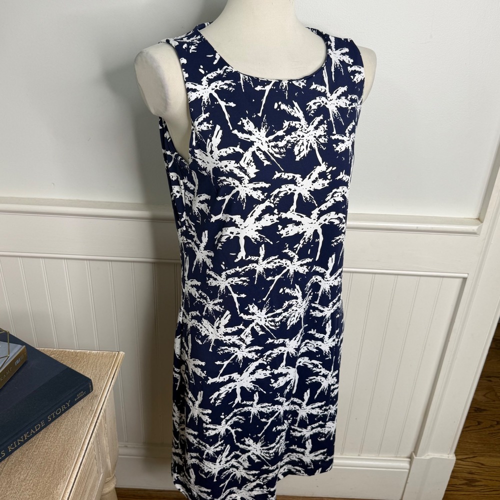 Lulu-B Palm Tree Print Sleeveless Shift Dress Navy Blue White Womens Medium - Picture 2 of 8